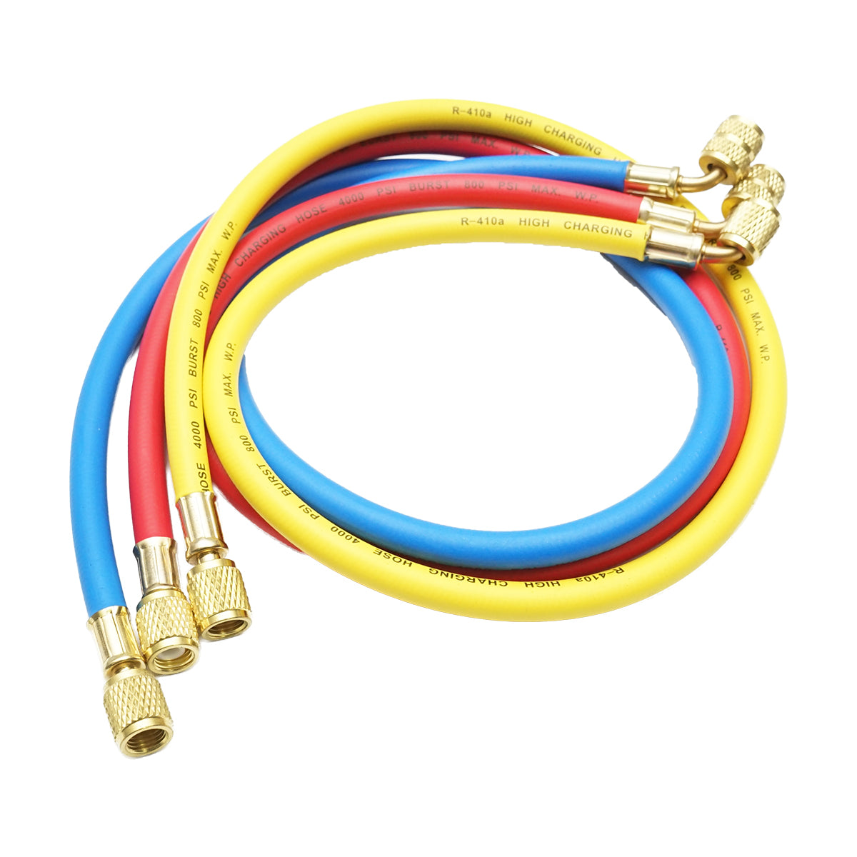 90 cm hose set in 3 colors for charging R-410a refrigerant.